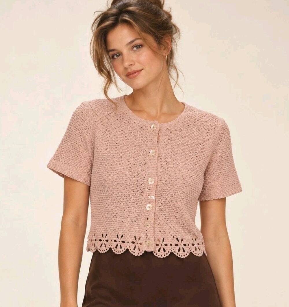 Vintage 90s TEDDI Cropped Cardigan Size 8 Pink Textured Knit Floral Scallop Hem